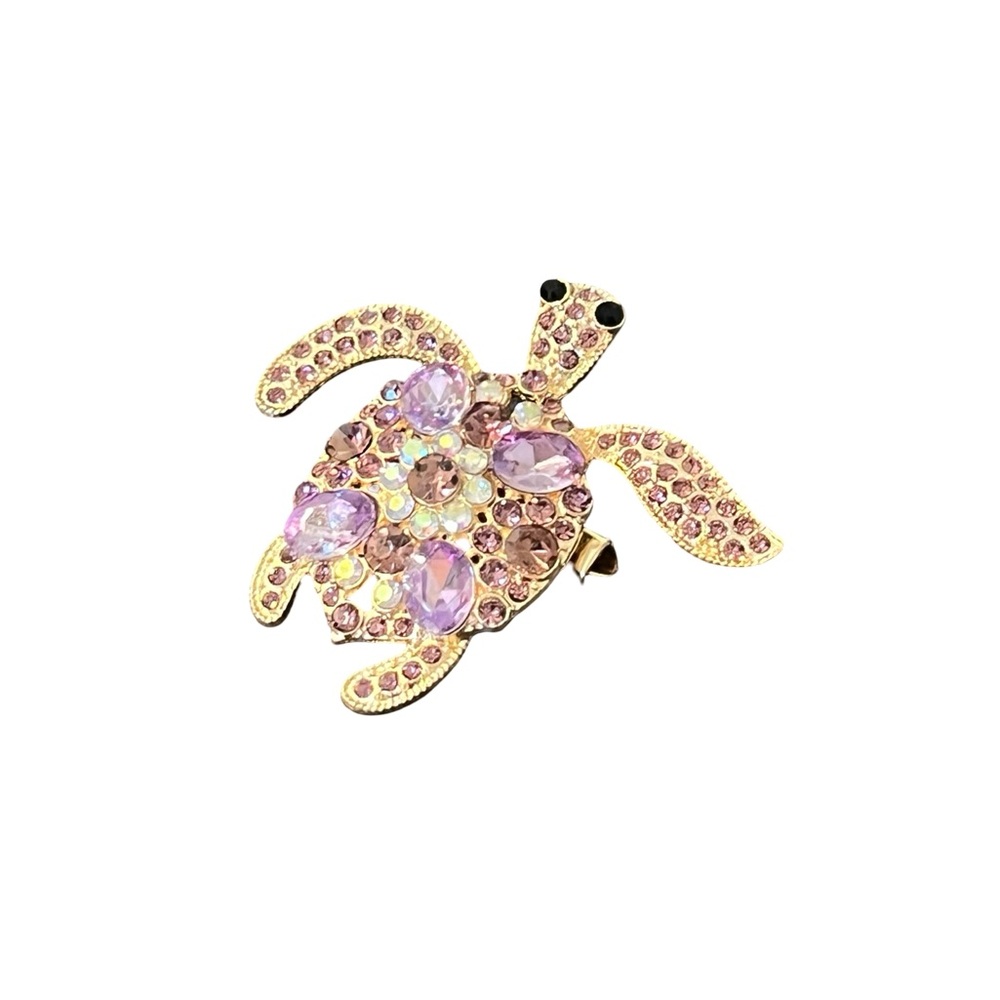 Gold Turtle Brooch with Pink and Lavender Crystals
